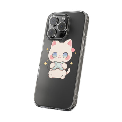 Kawaii Gamer Cat Clear Phone Case for Gaming Fans