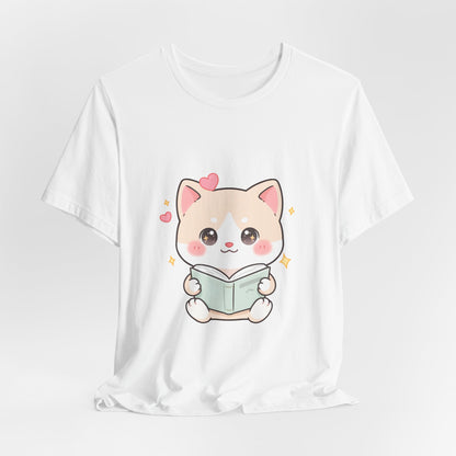 Kawaii Reading Cat T-Shirt for Book Lovers
