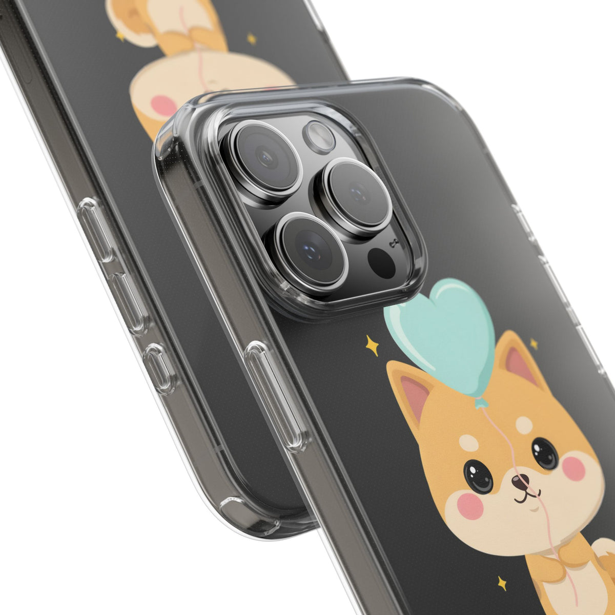 Kawaii Shiba Inu Clear Phone Case with Heart Balloon