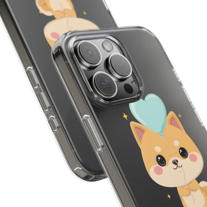 Kawaii Shiba Inu Clear Phone Case with Heart Balloon