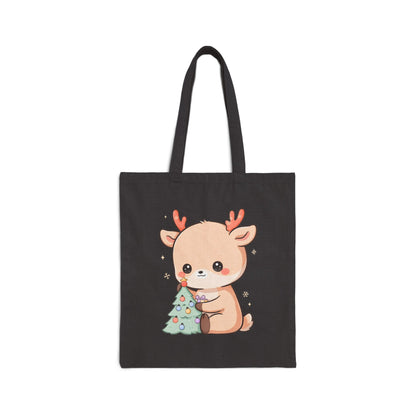 Kawaii Reindeer Christmas Tree Cotton Canvas Tote Bag