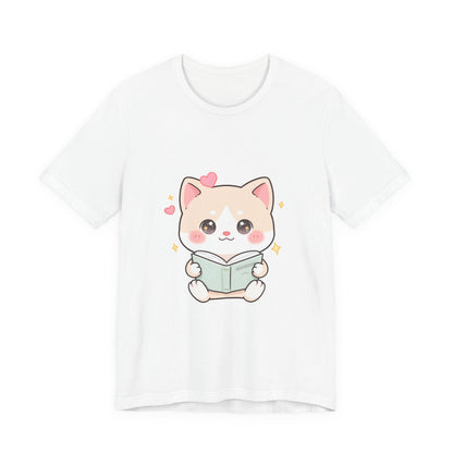 Kawaii Reading Cat T-Shirt for Book Lovers