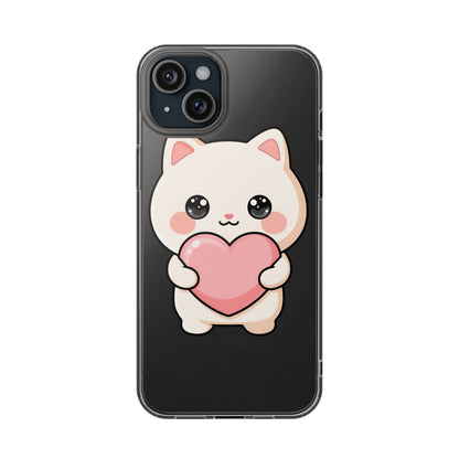 Kawaii Cat Phone Case with Heart, Clear Impact-Resistant