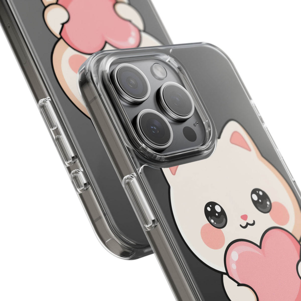 Kawaii Cat Phone Case with Heart, Clear Impact-Resistant