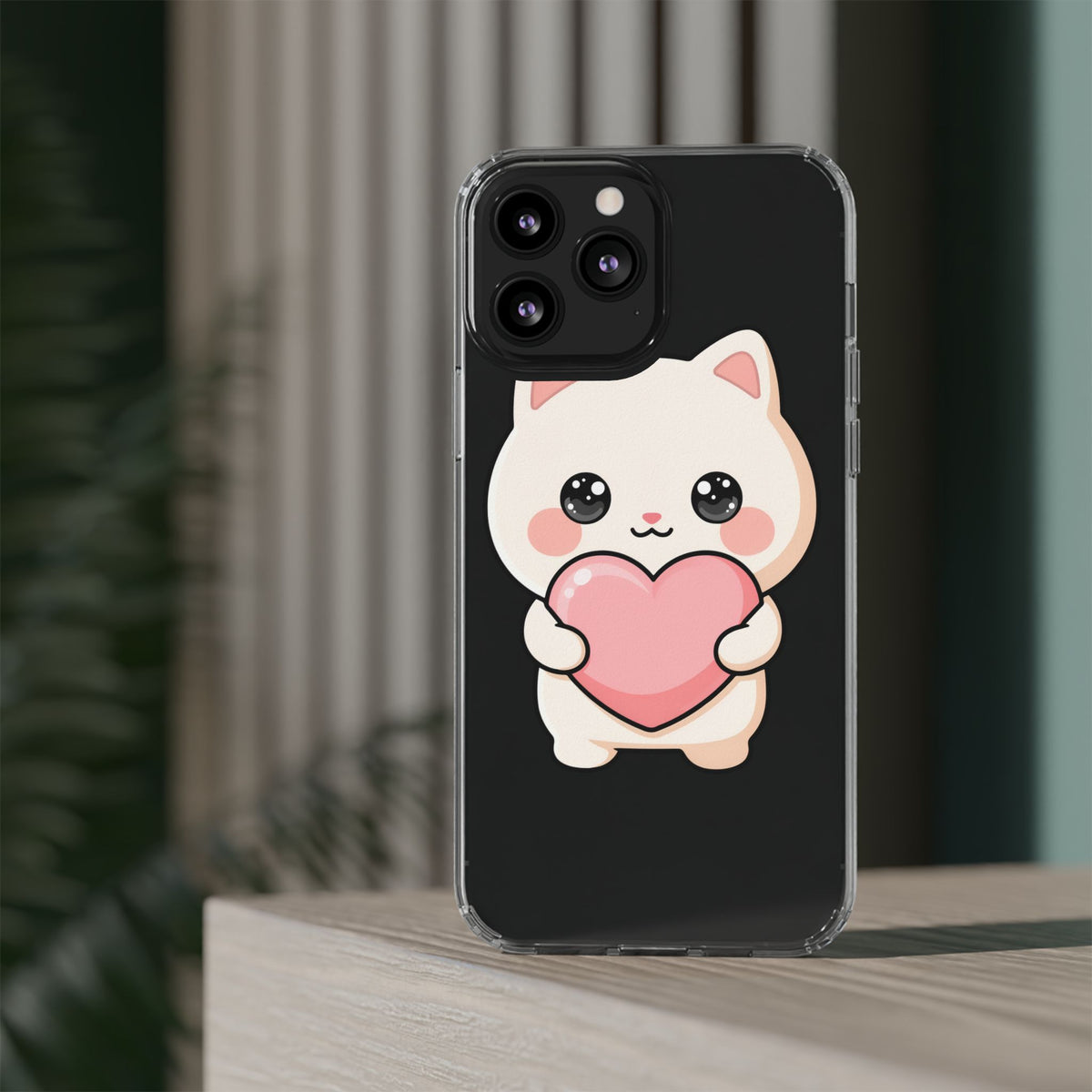 Kawaii Cat Phone Case with Heart, Clear Impact-Resistant