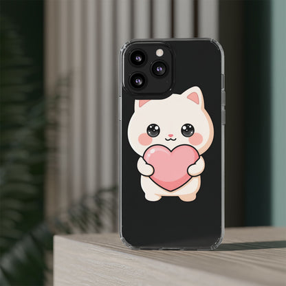 Kawaii Cat Phone Case with Heart, Clear Impact-Resistant