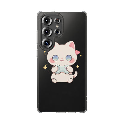 Kawaii Gamer Cat Clear Phone Case for Gaming Fans