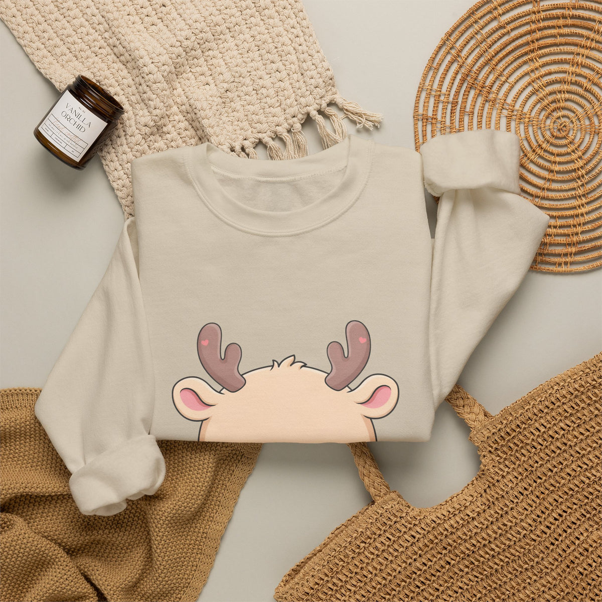 Kawaii Reindeer Sweatshirt, Cute Hot Cocoa Holiday Crewneck