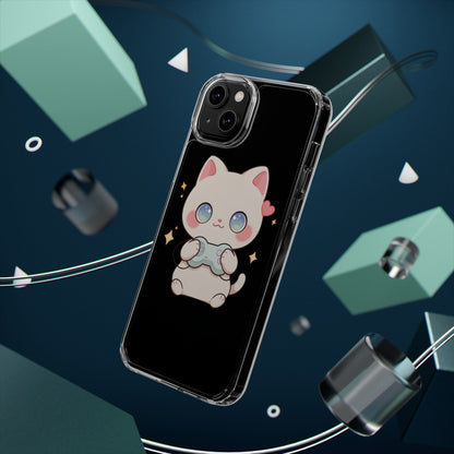 Kawaii Gamer Cat Clear Phone Case for Gaming Fans