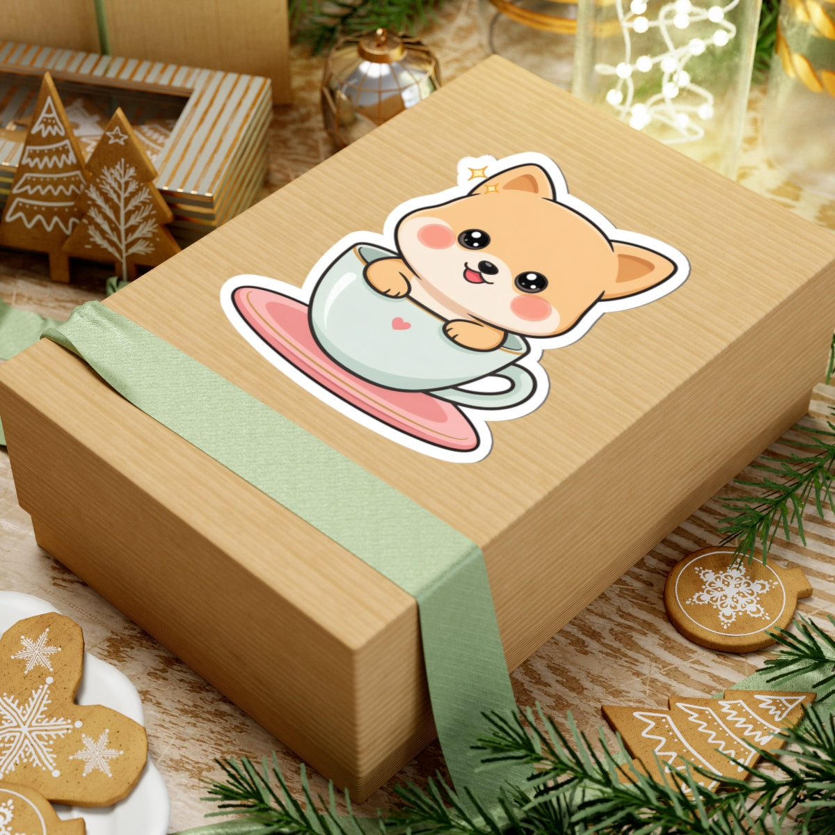Kawaii Shiba Inu Sticker in a Teacup for Cozy Cheer