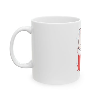 Christmas Fox Mug, Kawaii Arctic Fox in Stocking