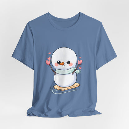 Kawaii Snowman T-Shirt, Cute Winter Sledding Tee