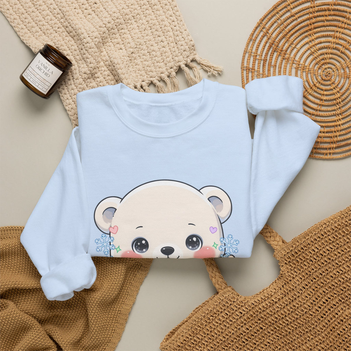 Kawaii Polar Bear Sweatshirt, Cute Snowflake Crewneck