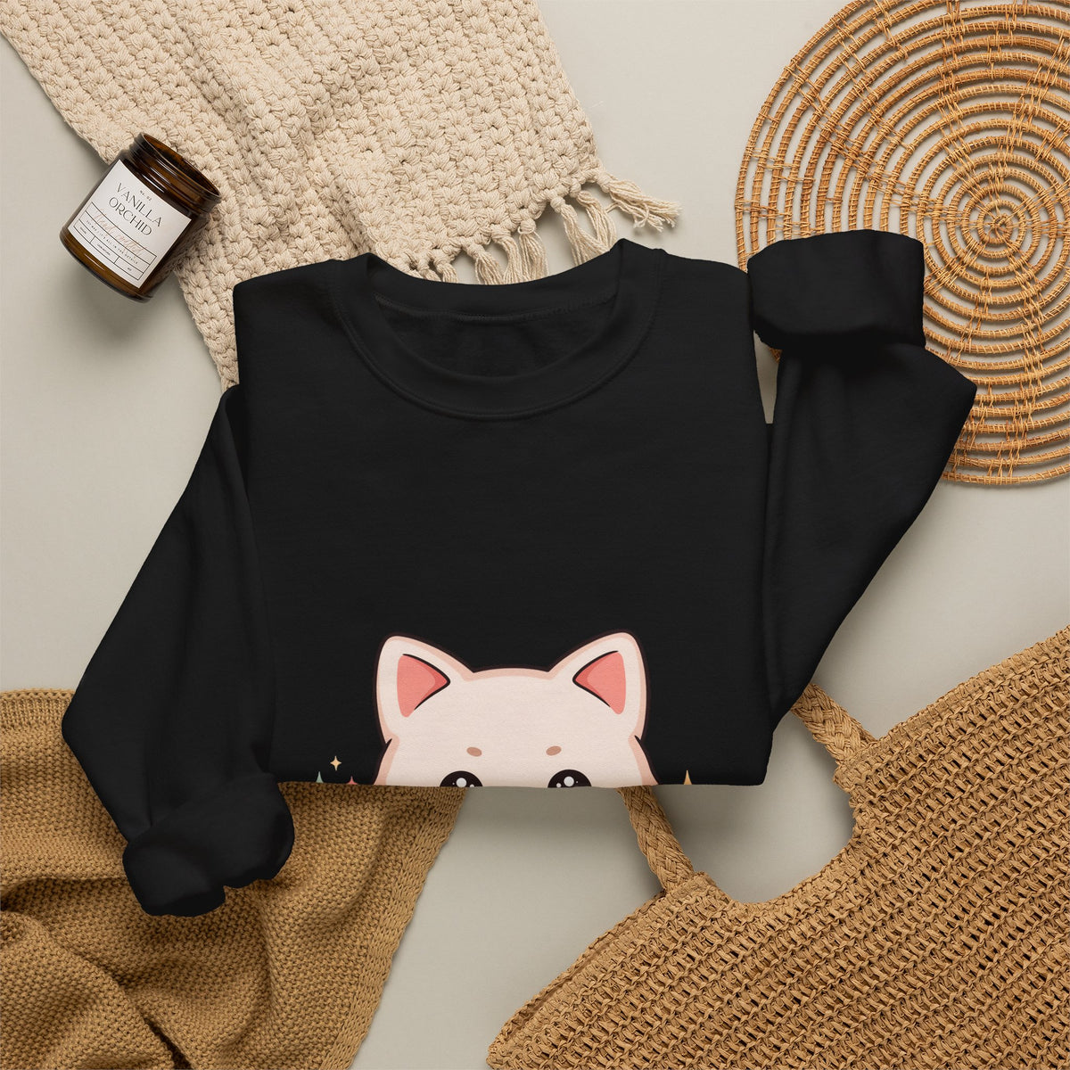 Kawaii Cat Sweatshirt, Cute Crescent Moon Kitten