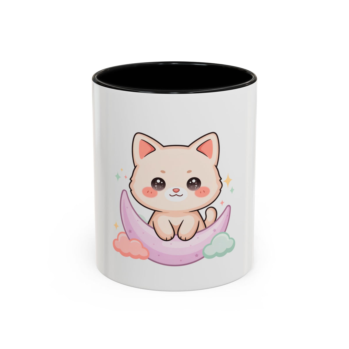 Kawaii Cat Moon Accent Coffee Mug, Cute Cat Lover Gift
