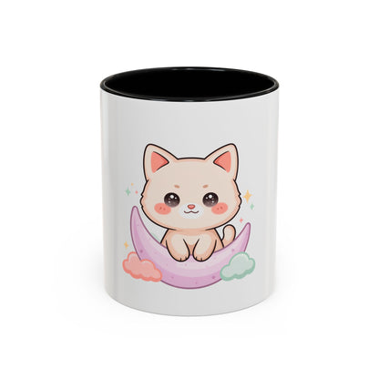 Kawaii Cat Moon Accent Coffee Mug, Cute Cat Lover Gift