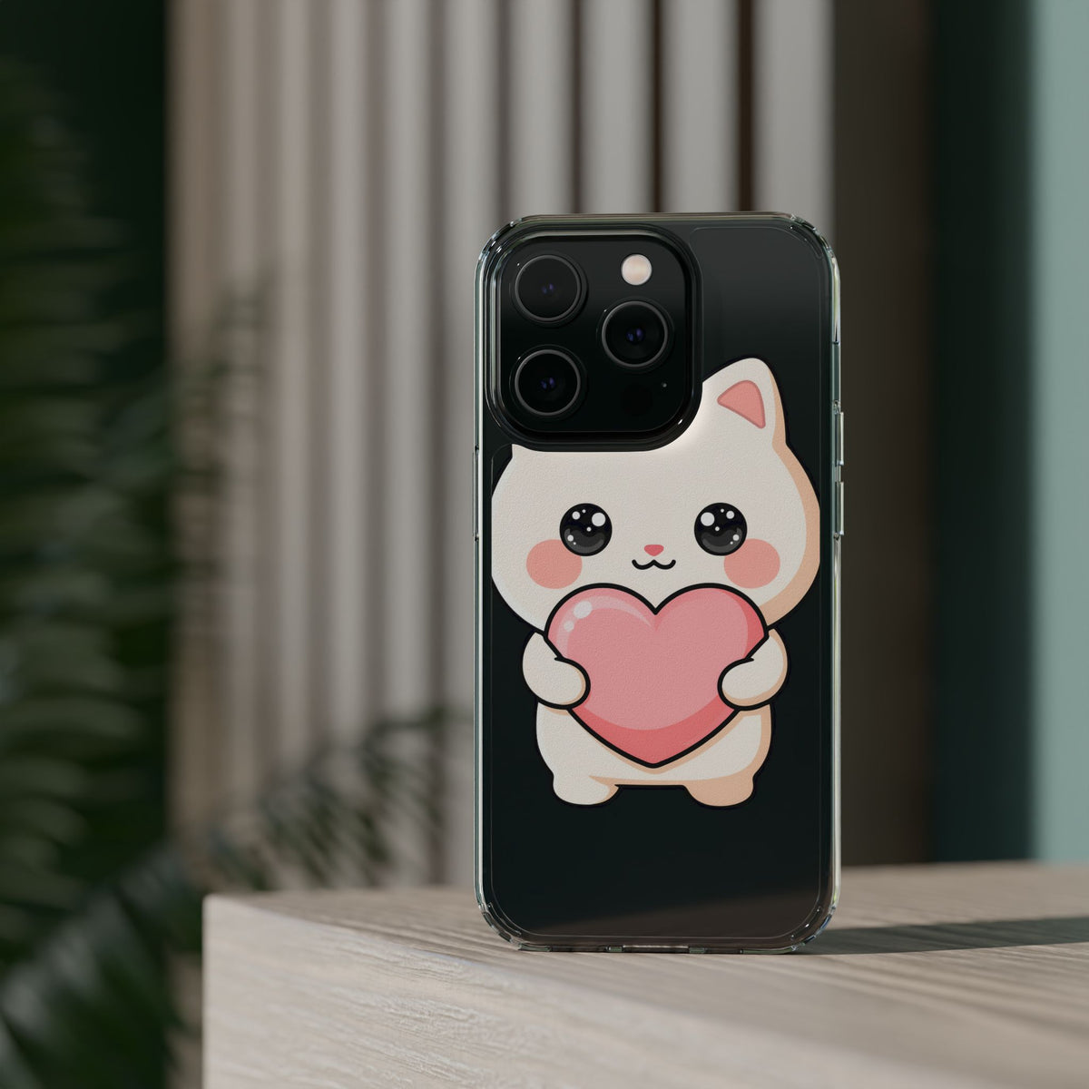 Kawaii Cat Phone Case with Heart, Clear Impact-Resistant