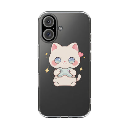 Kawaii Gamer Cat Clear Phone Case for Gaming Fans