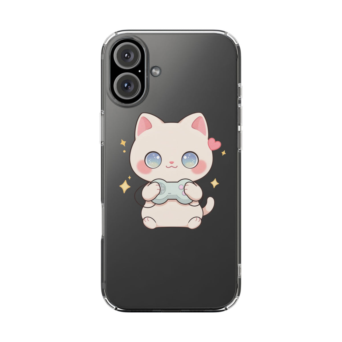 Kawaii Gamer Cat Clear Phone Case for Gaming Fans