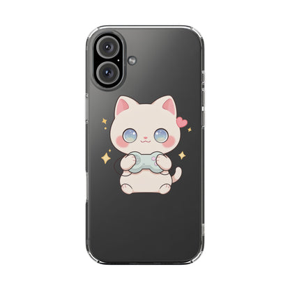 Kawaii Gamer Cat Clear Phone Case for Gaming Fans