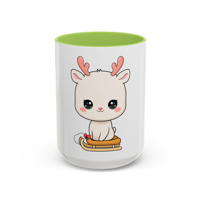 Christmas Reindeer Accent Coffee Mug, Cute Kawaii Sledding Gift