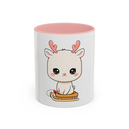 Christmas Reindeer Accent Coffee Mug, Cute Kawaii Sledding Gift