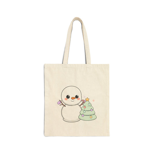 Kawaii Snowman Christmas Tote Bag, Cute Holiday Cotton Canvas
