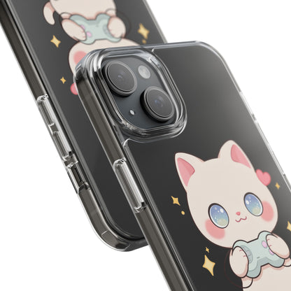 Kawaii Gamer Cat Clear Phone Case for Gaming Fans