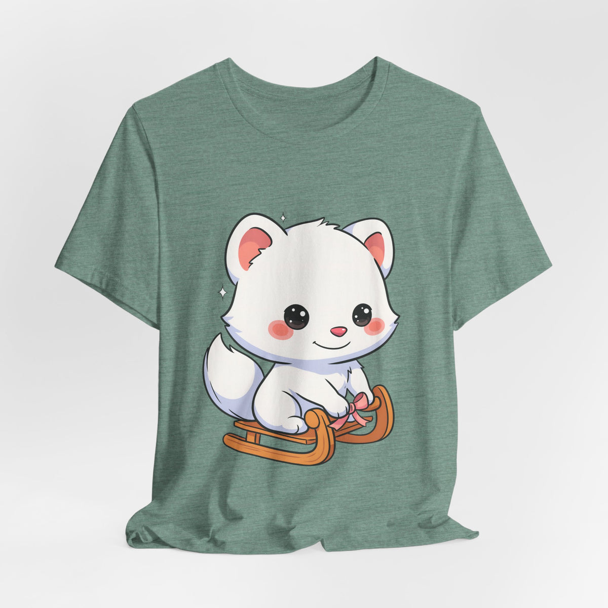 Kawaii Arctic Fox Sledding T-Shirt, Cute Unisex Tee