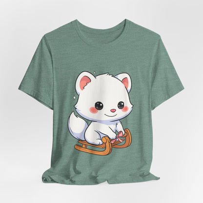 Kawaii Arctic Fox Sledding T-Shirt, Cute Unisex Tee