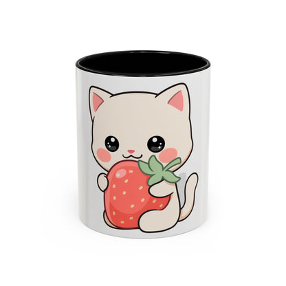 Kawaii Cat Strawberry Accent Coffee Mug