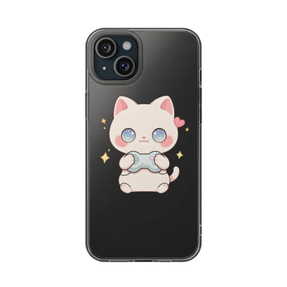 Kawaii Gamer Cat Clear Phone Case for Gaming Fans
