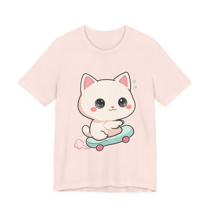 Kawaii Skateboarding Cat T-Shirt – Cute Chibi Kitty Tee