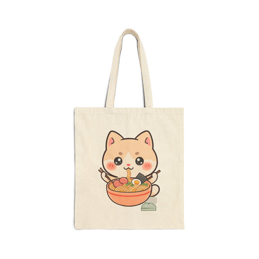 Kawaii Ramen Cat Cotton Canvas Tote Bag