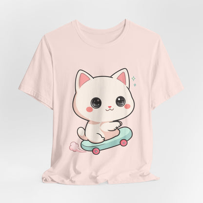 Kawaii Skateboarding Cat T-Shirt – Cute Chibi Kitty Tee