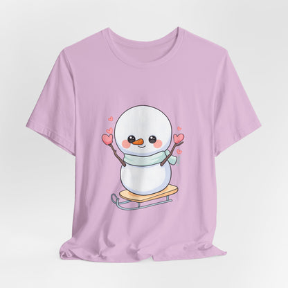 Kawaii Snowman T-Shirt, Cute Winter Sledding Tee