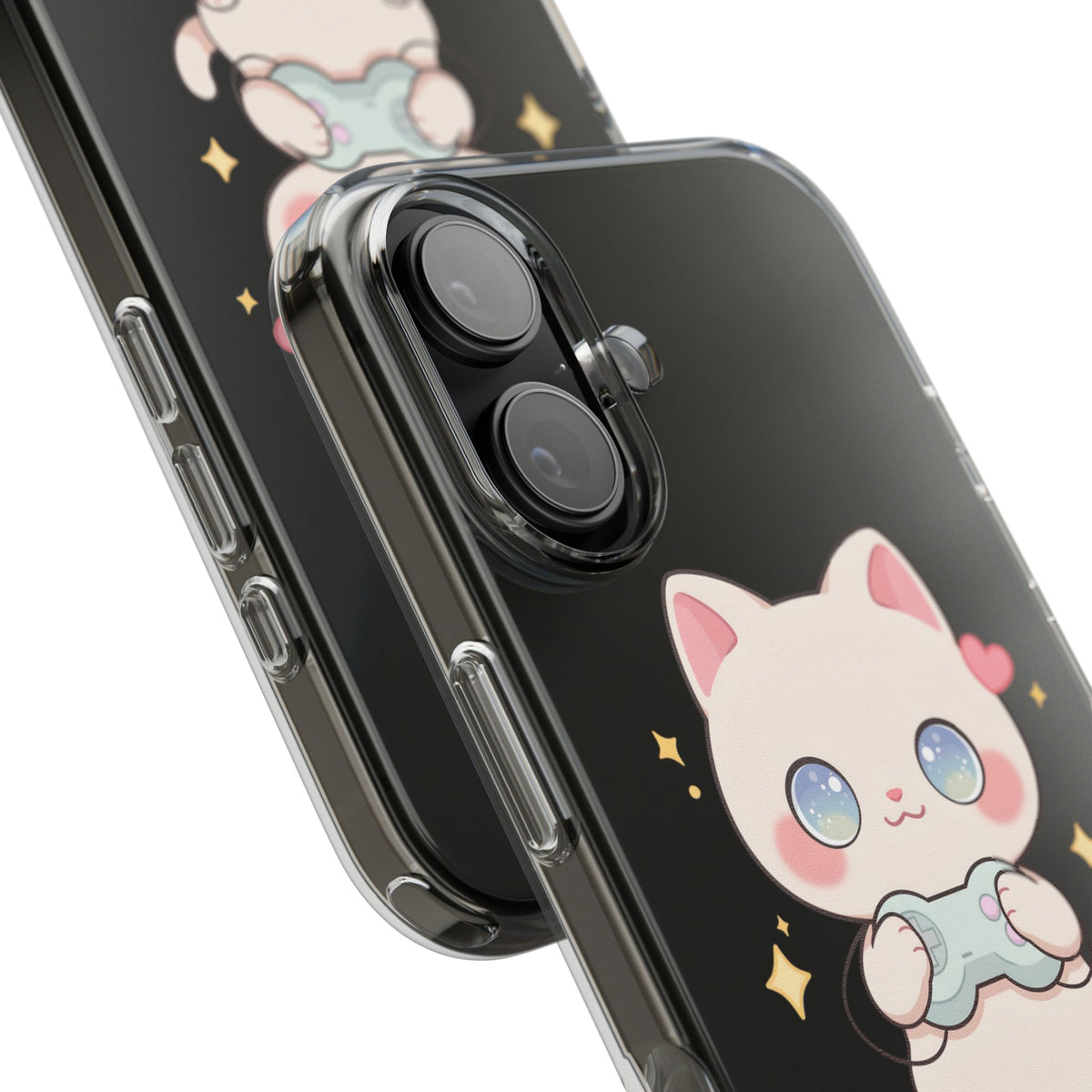Kawaii Gamer Cat Clear Phone Case for Gaming Fans