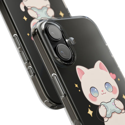 Kawaii Gamer Cat Clear Phone Case for Gaming Fans