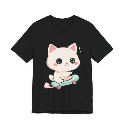 Kawaii Skateboarding Cat T-Shirt – Cute Chibi Kitty Tee