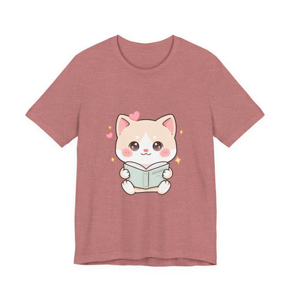 Kawaii Reading Cat T-Shirt for Book Lovers