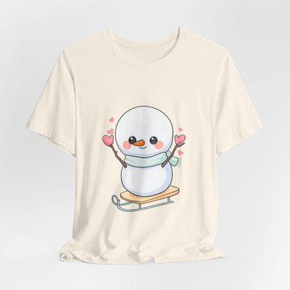 Kawaii Snowman T-Shirt, Cute Winter Sledding Tee