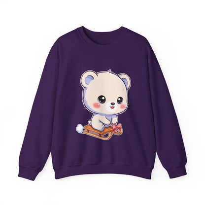 Kawaii Polar Bear Sweatshirt, Cute Sledding Cub Crewneck