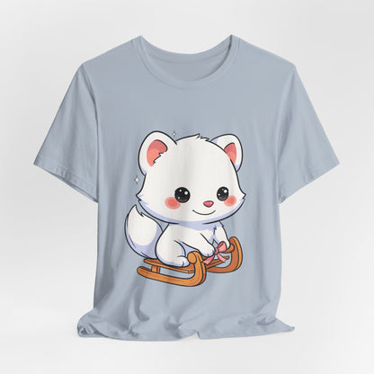 Kawaii Arctic Fox Sledding T-Shirt, Cute Unisex Tee
