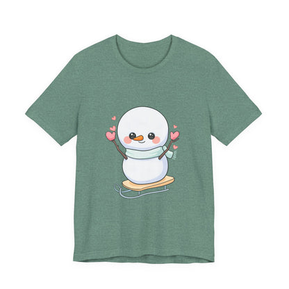 Kawaii Snowman T-Shirt, Cute Winter Sledding Tee