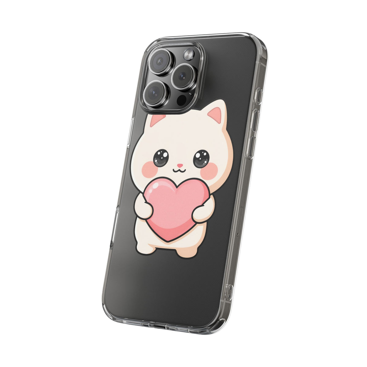 Kawaii Cat Phone Case with Heart, Clear Impact-Resistant