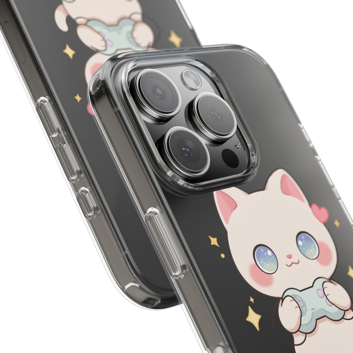 Kawaii Gamer Cat Clear Phone Case for Gaming Fans