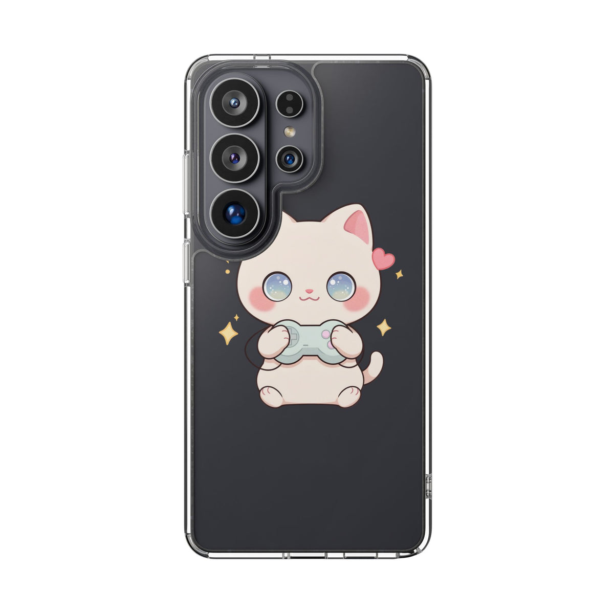 Kawaii Gamer Cat Clear Phone Case for Gaming Fans