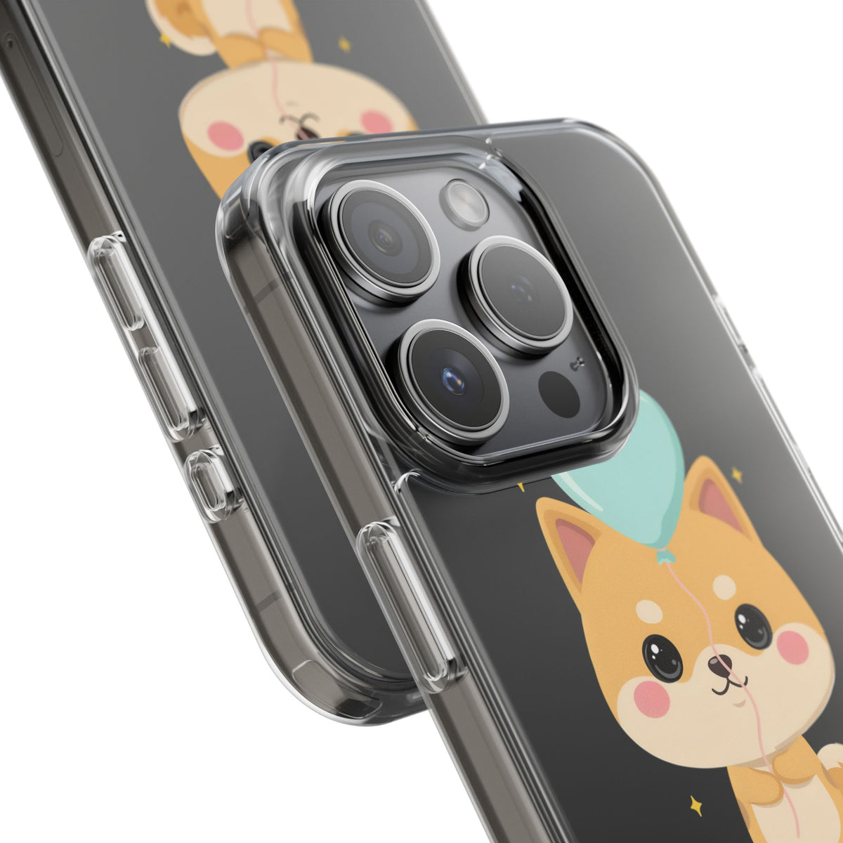 Kawaii Shiba Inu Clear Phone Case with Heart Balloon