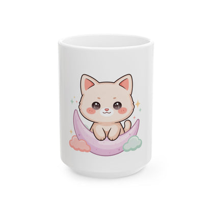 Kawaii Cat Mug, Cute Moon Cat Gift for Cat Lovers