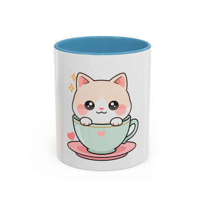 Kawaii Cat Coffee Mug, Cute Cat in Teacup Accent Mug